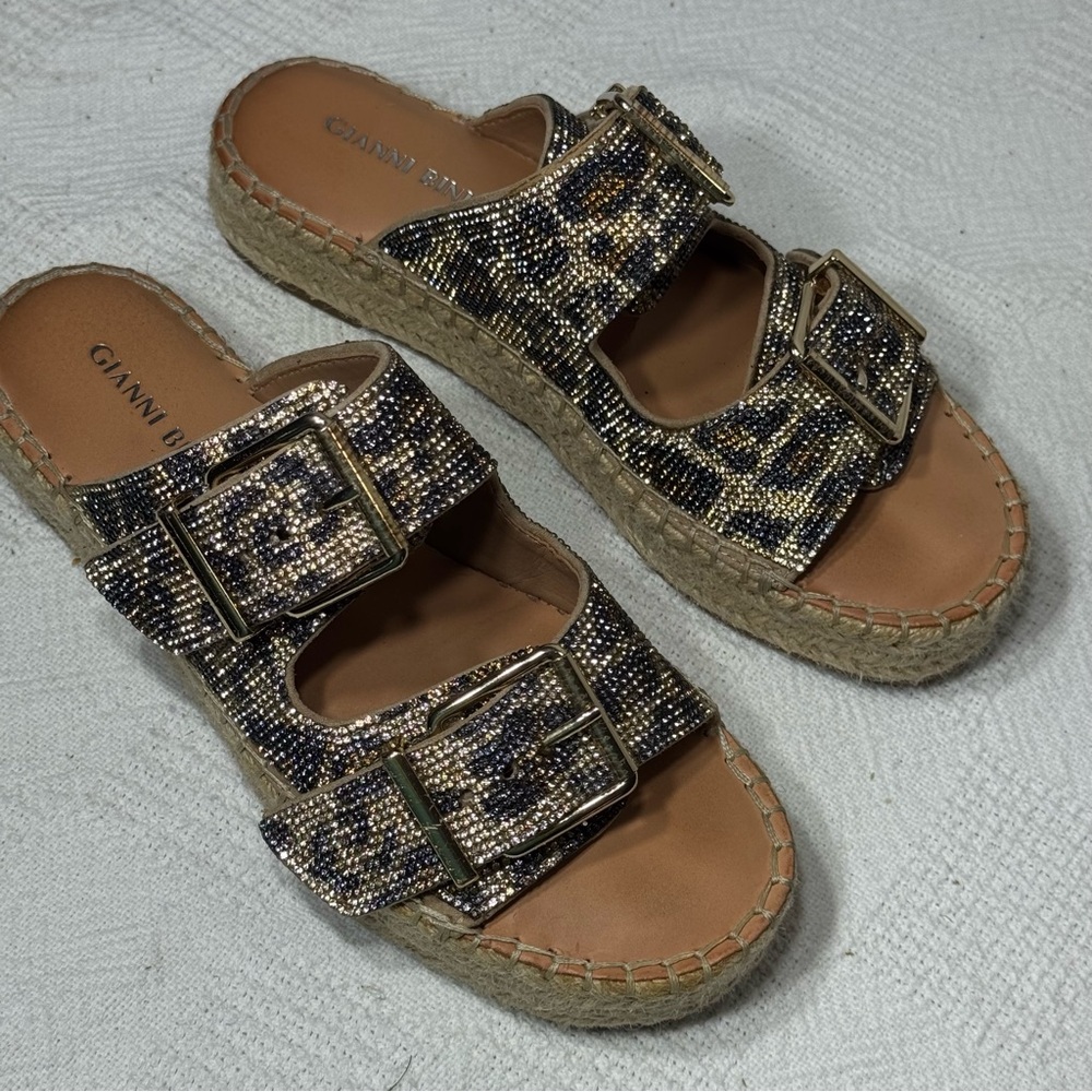 Gianni Bini Women’s Leopard Rhinestone Espadrille Embollish Slip on Platform sz7